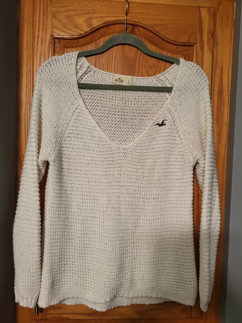 Hollister Cream V-Neck Open Knit Sweater with Logo
